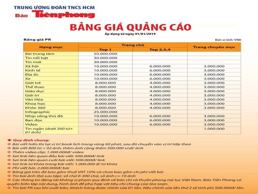 bảng báo giá booking báo chí báo Tiền Phong